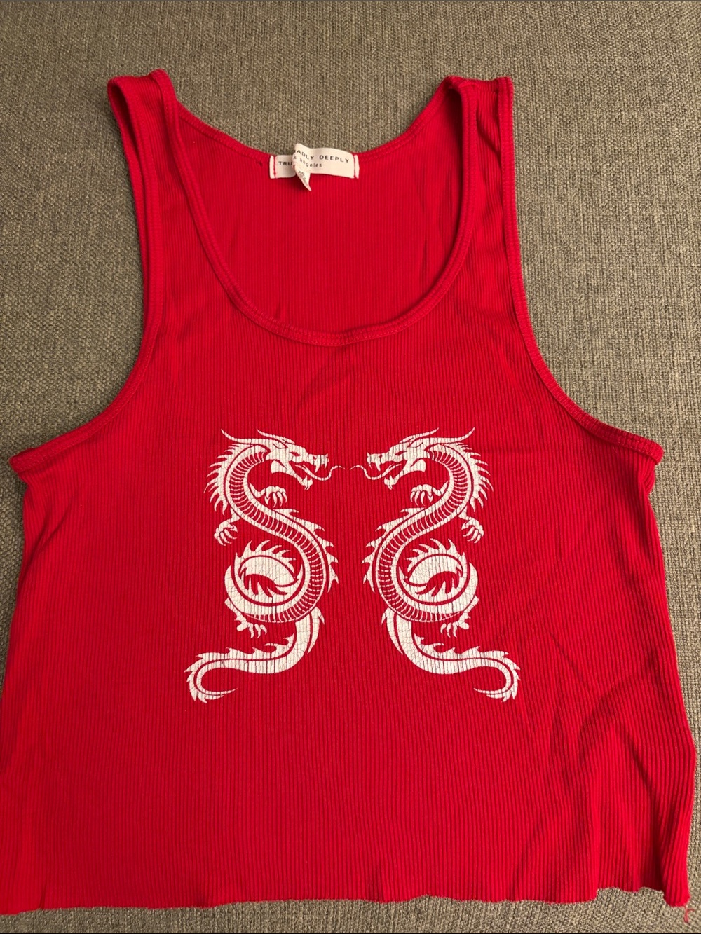 Truly Madly Deeply Red Ribbed Tank with White Dragon Motif